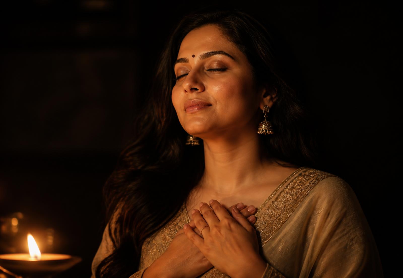 A woman with her hands at her heart in quiet gratitude, lit by a single lamp